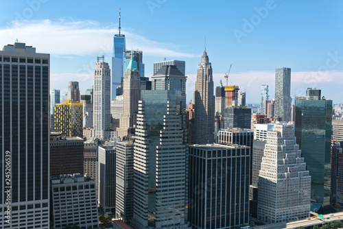Part of downtown New York City skyline  Manhattan blue sky Aerial view