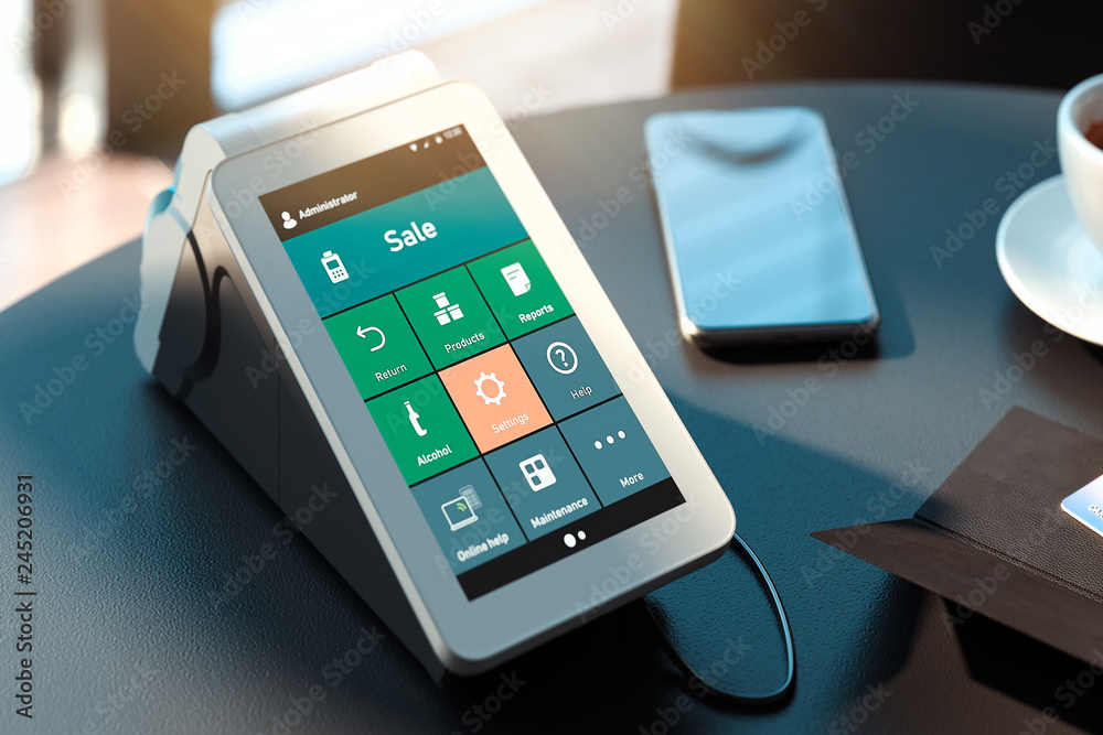 POS payment terminal and mobile phone. NFC payments concept. 3d rendering. POS payment terminal and mobile phone. NFC payments concept. 3d rendering.