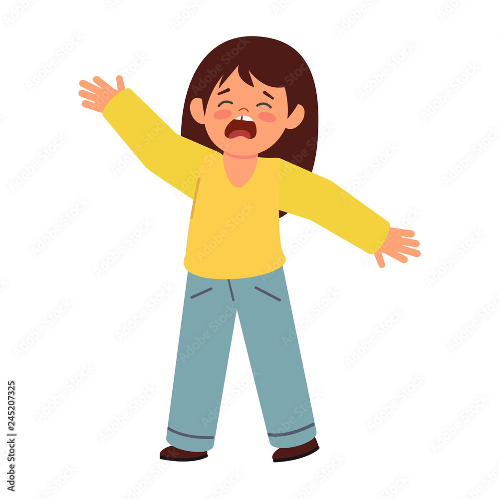 The little girl cries and holds out her hand. The little girl cries and holds out her hand.