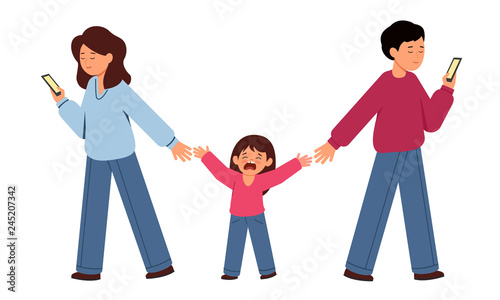 Parents hold hands of the child. The child cries and reaches out to his mother and father.