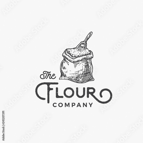 Flour Company Abstract Vector Sign, Symbol or Logo Template. Flour Bag or Sack with Scoop Sketch Drawing and Retro Typography. Vintage Luxury Emblem.