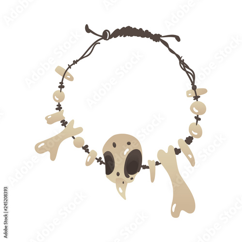 Vector stone age primitive necklace made of bones, sharp fangs and skull. Handmade prehistoric amulet, talisman Ancient civilization archeologic artifact. Isolated illustration