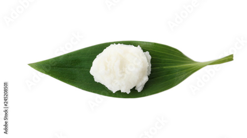 Leaf with shea butter isolated on white, top view