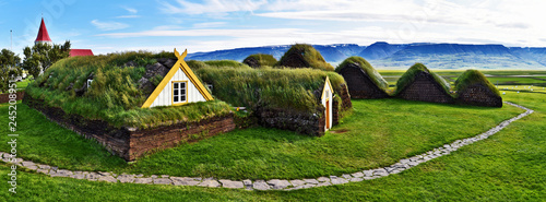 Panoramic view at Traditional Icelandic farm  Glaumbaer composed of turf houses in Northern Iceland. photo