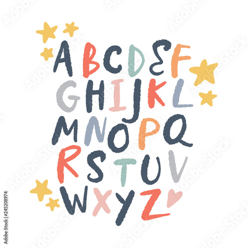 Vector brush alphabet. Lettering, funny letters, nursery style.