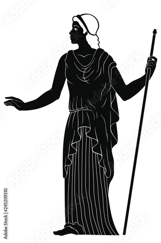 An ancient Greek woman in a tunic with a rod in her hand is standing. Vector image isolated on white background.