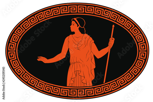 An ancient Greek woman in a tunic with a rod in her hand is standing. Vector oval medallion isolated on white background.