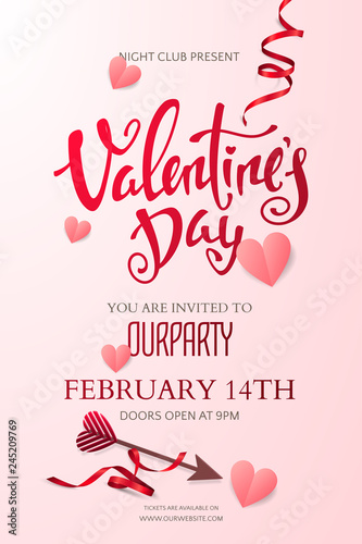 Vector elegant template of poster for party of Valentine's day with pink paper hearts, arrow, red realistic ribbons and handwritten text. Romantic festive background for design of flyer and invitation