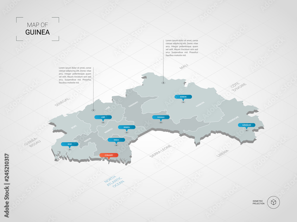 Isometric  3D Guinea map. Stylized vector map illustration with cities, borders, capital, administrative divisions and pointer marks; gradient background with grid. 