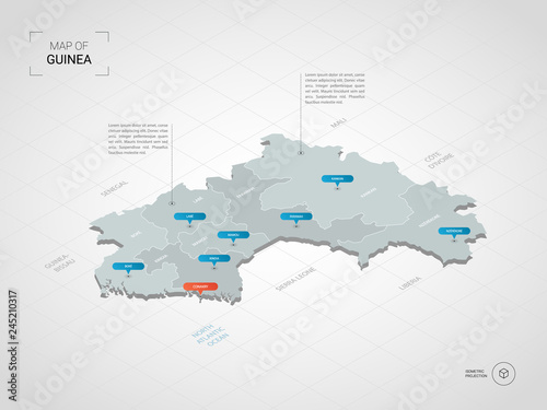 Isometric 3D Guinea map. Stylized vector map illustration with cities, borders, capital, administrative divisions and pointer marks; gradient background with grid. 