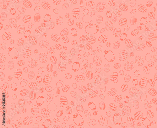 Doodle eggs hand drawn vector seamless pattern. Living Coral Easter background