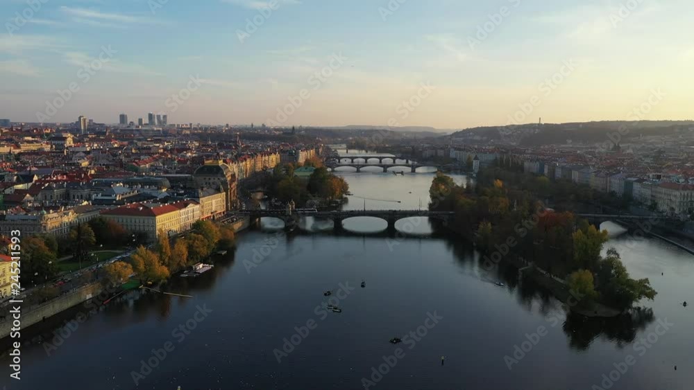 Panoramic view from above on the Prague Old Town, aerial view of the city, view from above over Prague, flight over the city, top view, Vltava River, Charles Bridge. Prague, Czechia Panoramic view from above on the Prague Old Town, aerial view of the city, view from above over Prague, flight over the city, top view, Vltava River, Charles Bridge. Prague, Czechia