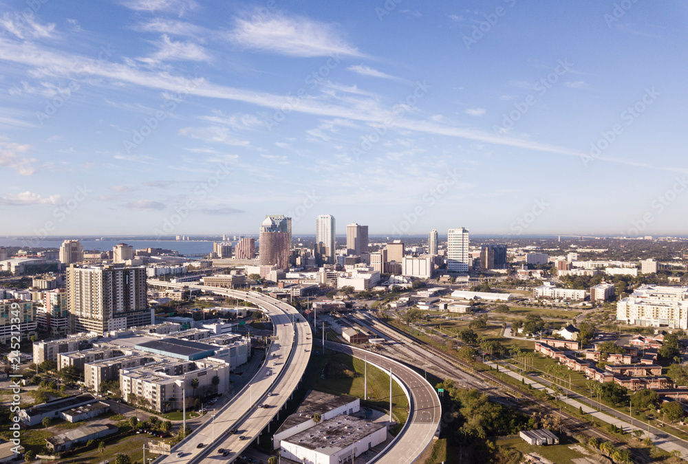 Aerial view of downtown Tampa, Florida and surrounding highways and industrial areas.