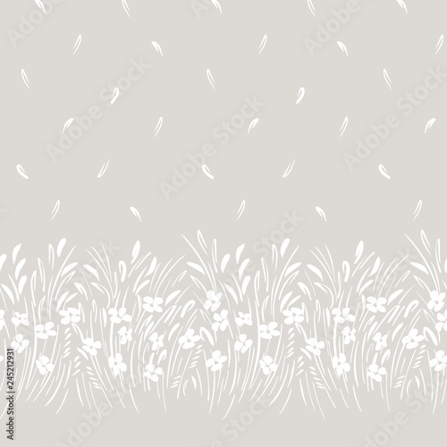 White monochrome abstract ditsy gestural floral vector seamless horizontal border and pattern. Blooms, foliage. Edge.