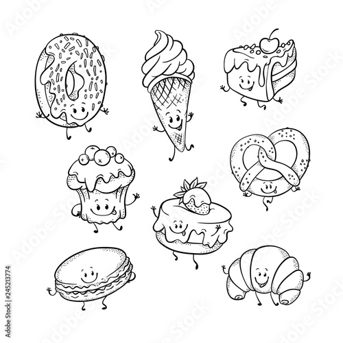 Vector sweet funny humanized character with legs, arms and facial expressions set. Delicious monochrome doughnut, macaroni pancake croissant pretzel dessert smiling for restaurants, cafe menu