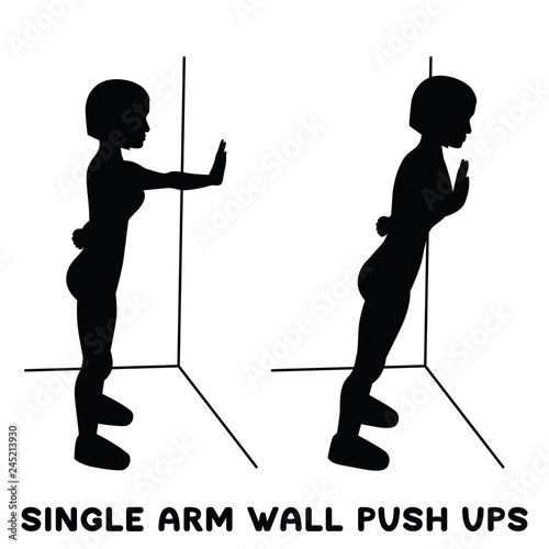 Single arm wall push ups. Sport exersice. Silhouettes of woman doing exercise. Workout, training.