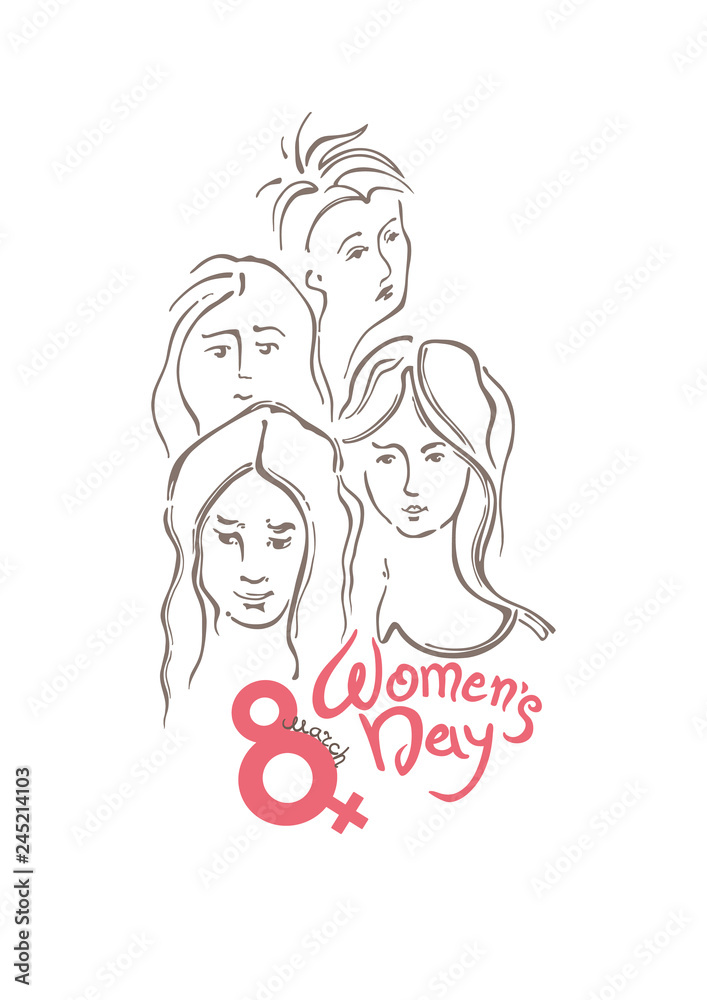Women's Day linear modern vector template with lettering design and women faces. Happy women's day. Vector templates for card, poster and flyer. Elegant greeting card  International Women's Day.
