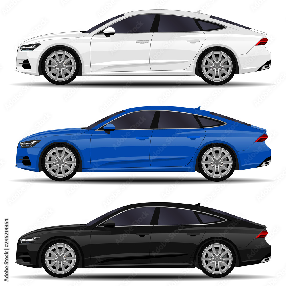 realistic cars set. sport sedan. side view.