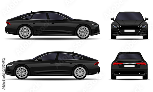 realistic car. sport sedan. front view; side view; back view.