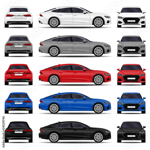 realistic cars set. sport sedan. front view; side view; back view.