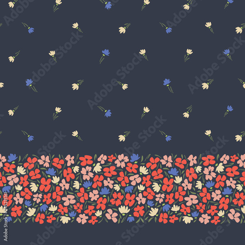 Colourful abstract ditsy gestural flowers vector seamless horizontal border and pattern on dark background. Floral Edge