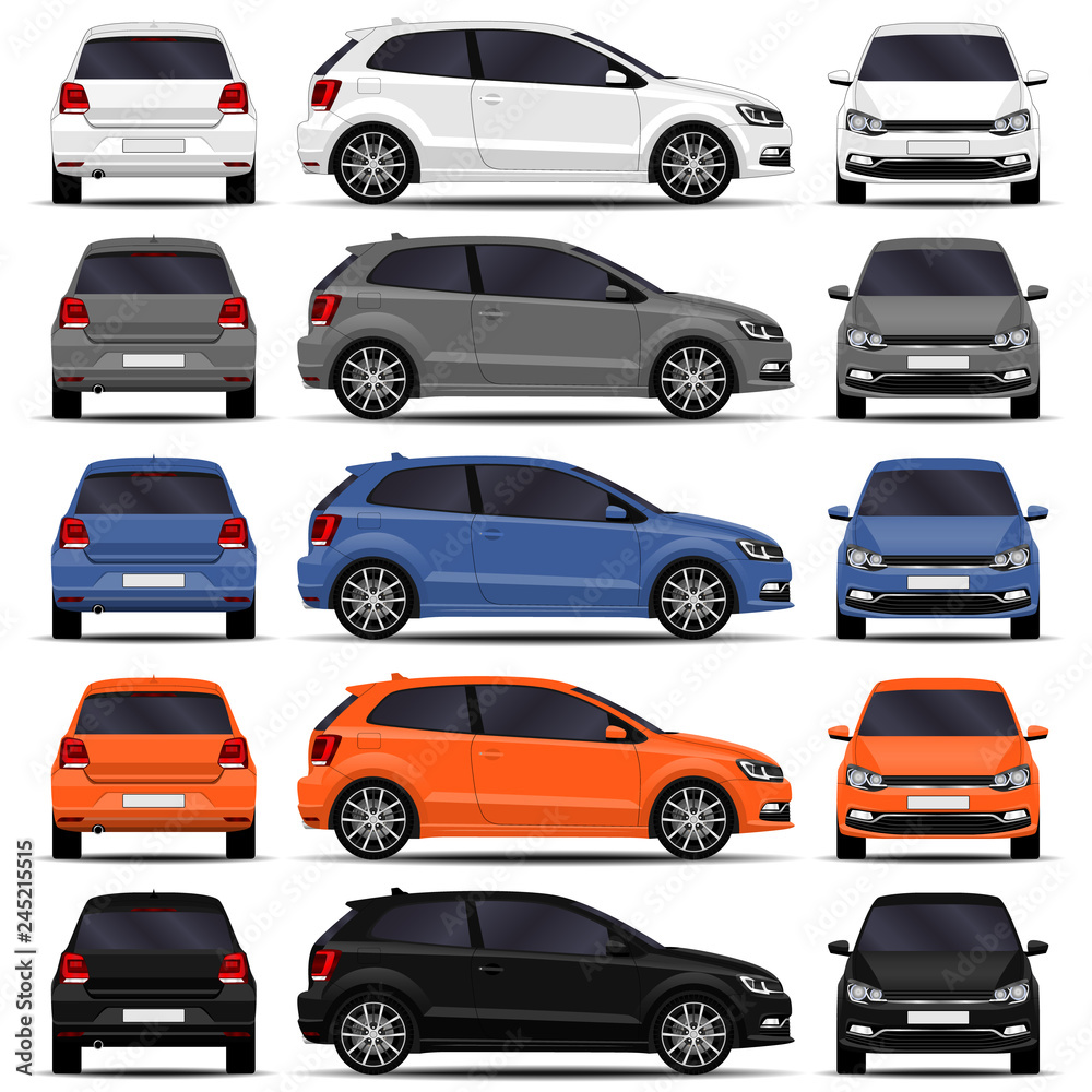 realistic cars set. hatchback. front view, side view, back view. Stock