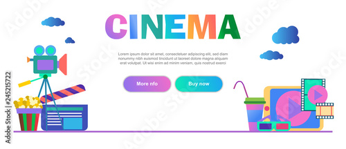 Flat vector color illustration cinema and movies items horizontal web design banner