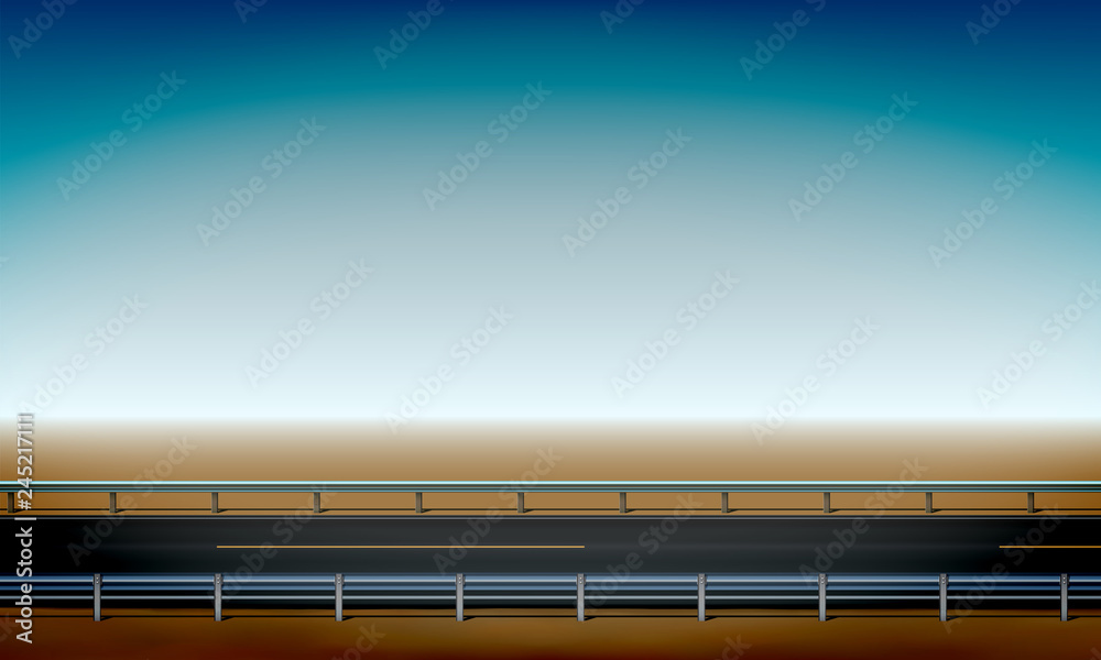 Roadside view with a crash barrier, straight horizon desert and clear blue sky background, road, vector illustration Roadside view with a crash barrier, straight horizon desert and clear blue sky background, road, vector illustration