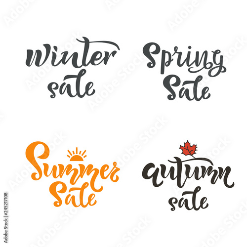 Set of handwritten season sale inscriptions. Winter, spring, summer and autumn sale vector hand lettering. Brush calligraphy isolated on white background