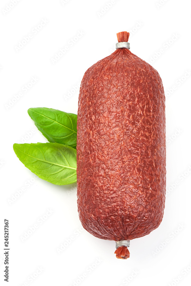 Salami smoked sausage with basil, top view, isolated on white background Salami smoked sausage with basil, top view, isolated on white background