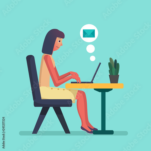 Young Girl working on laptop computer. Flat cartoon character vector illustration, freelancer workplace, work desk.