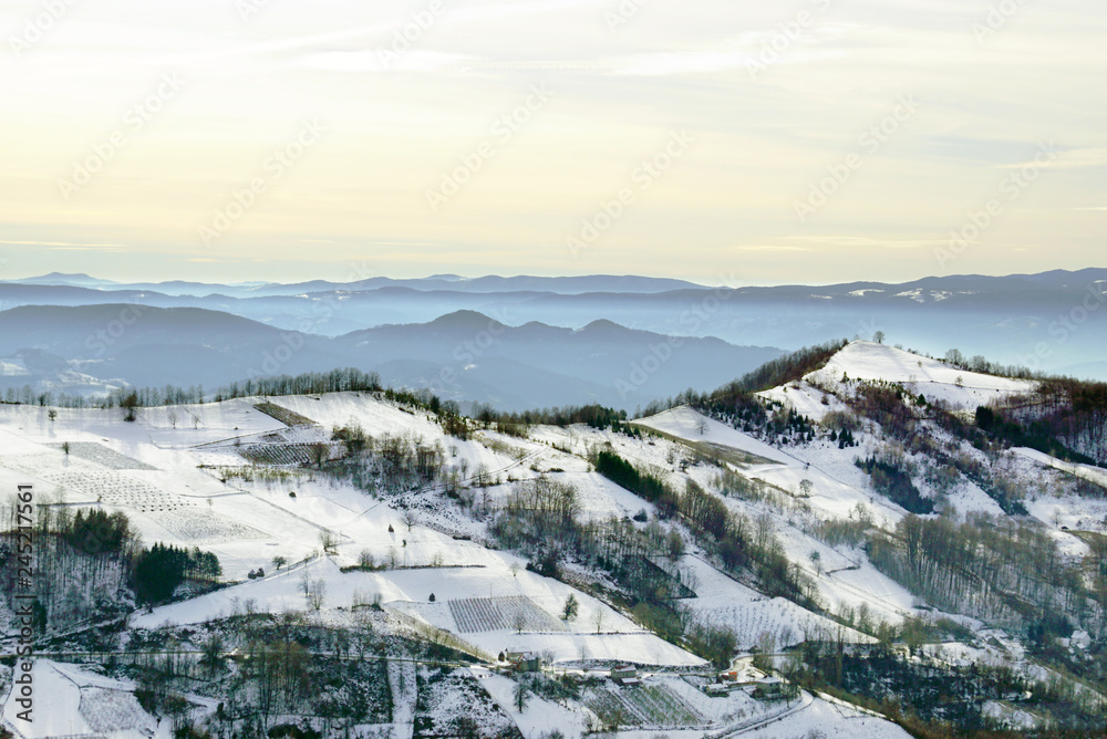 Balkan mountain ranges in winter sunny day.