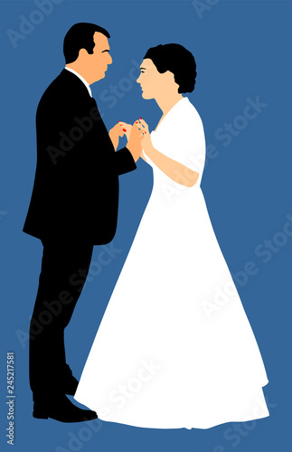 Groom and bride wedding day  in dress and suit vector illustration. Young wedding couple. Happy bride and groom after wedding ceremony. Just married couple in love. Sweet closeness and ceremony  day.