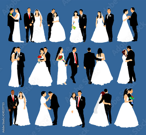 Groom and bride wedding day, in dress and suit vector illustration. Young wedding couple. Happy bride and groom after wedding ceremony. Just married couple in love. Sweet closeness and ceremony  day.