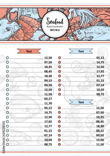 Vector illustration of seafood restaurant menu template with header of various aquatic edible fish and animals - layout with hand drawn sea and ocean food for marine design.