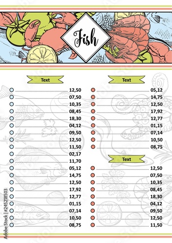 Vector illustration of seafood restaurant or market menu or price list template with various aquatic animals and spices in header - layout with hand drawn sea and ocean food for marine design.