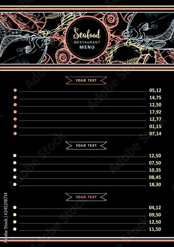 Seafood restaurant or market menu or price list template - vector illustration of layout with different hand drawn outline sea and ocean animals in header on black background.