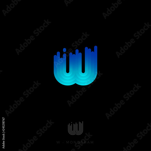 W letter logo. W monogram. The original logo consists of rounded stripes with a gradient. Bright backlight. 3D illusion.