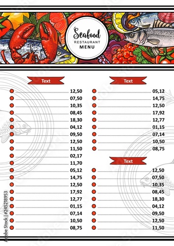 Vector seafood restaurant menu design template. cafe logo and list of dishes with sketch underwater animals delicacy pattern. Marine composition with squid, meat steak, octopus and trout with caviar