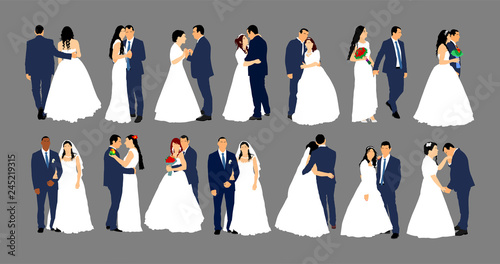 Groom and bride wedding day, in dress and suit vector illustration. Young wedding couple. Happy bride and groom after wedding ceremony. Just married couple in love. Sweet closeness and ceremony  day.