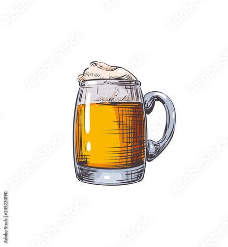Beer Glass, mug with malt booze and foam. Retro Illustration of alcohol drink for design menu restaurants, pub, bar, poster for the Oktoberfest, craft brewing, banners, ad. Hand drawing Color sketch