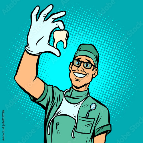 Joyful dentist man. Torn tooth