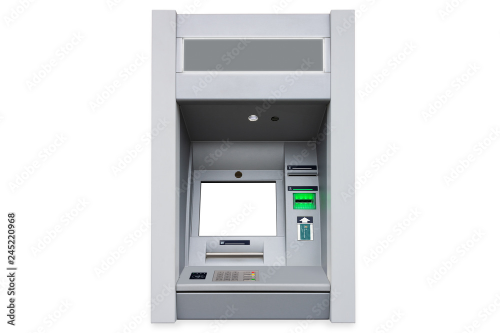 ATM cash machine with empty screen and contactless payment card support isolated on white background with pail shadow ATM cash machine with empty screen and contactless payment card support isolated on white background with pail shadow