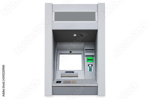 ATM cash machine with empty screen and contactless payment card support isolated on white background with pail shadow