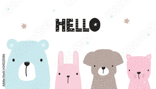 Cute kids print or poster with hand drawn animals and quote. Vector illustration.