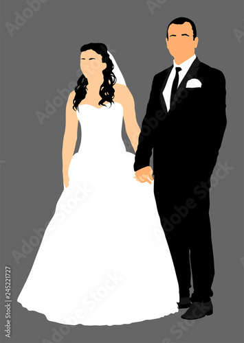 Groom and bride wedding day, in dress and suit vector illustration. Young wedding couple. Happy bride and groom after wedding ceremony. Just married couple in love. Sweet closeness and ceremony  day.