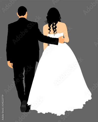 Groom and bride wedding day, in dress and suit vector illustration. Young wedding couple. Happy bride and groom after wedding ceremony. Just married couple in love. Sweet closeness and ceremony  day.