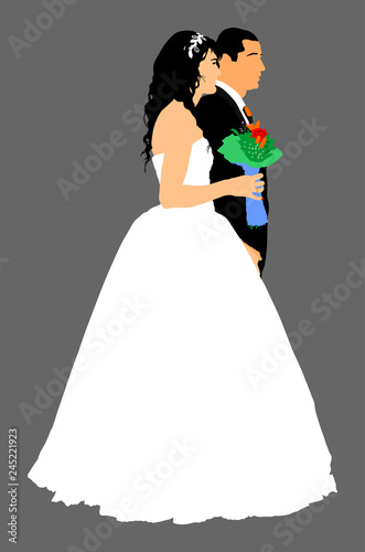 Groom and bride wedding day, in dress and suit vector illustration. Young wedding couple. Happy bride and groom after wedding ceremony. Just married couple in love. Sweet closeness and ceremony  day.