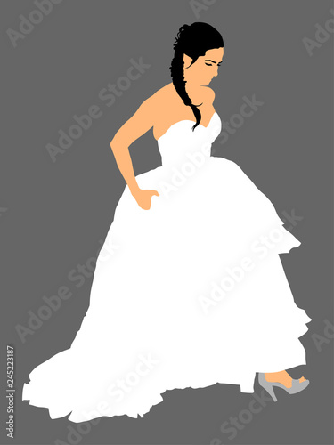 Elegant bride on wedding day, in wedding dress vector illustration. Married young woman in white dress. Just married.