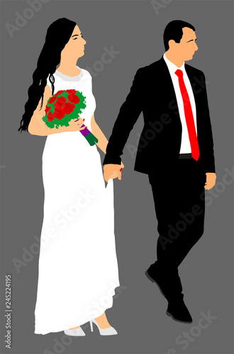 Groom and bride wedding day, in dress and suit vector illustration. Young wedding couple. Happy bride and groom after wedding ceremony. Just married couple in love. Sweet closeness and ceremony  day.